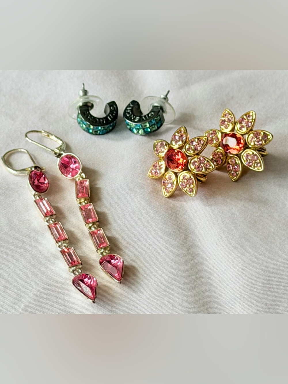 Givenchy Pink Crystal flower, pink dangle & mini half blue crystal hoop earrings